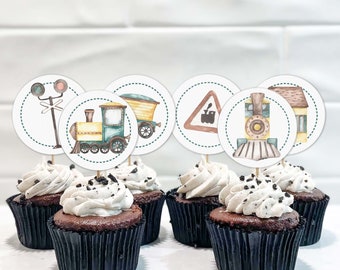 Vintage Train Cupcake Toppers printable | Transport boys Birthday party favor tags, instant download | Watercolor locomotive cookie tag T01