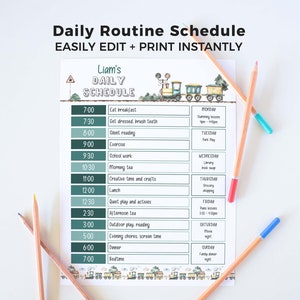 Vintage Train Daily Schedule Chart for Kids, editable printable | Daily + Weekly responsibility routine template | INSTANT DOWNLOAD T01