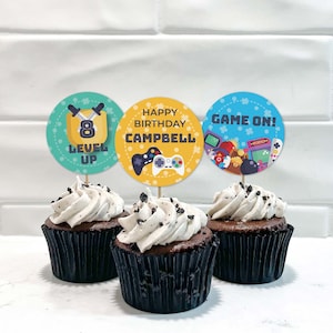 Printable Gamer Cupcake Toppers, editable blue retro arcade video gaming party | Game on Birthday favor cookie tags, INSTANT DOWNLOAD G01