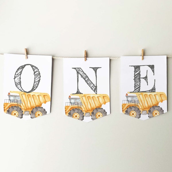 One Dump Truck Construction Banner, printable high chair bunting | 1st Birthday sign, baby boy photo prop party decor INSTANT DOWNLOAD C03