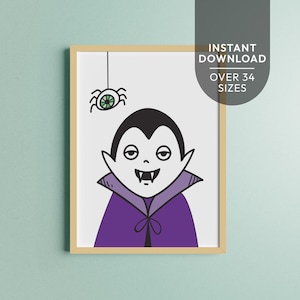 Arte de pared imprimible de Halloween, Drácula / Galería de decoración de dibujos animados kawaii de Halloween / Linda decoración de fiesta de cumpleaños para niños DESCARGA INSTANTÁNEA H01
