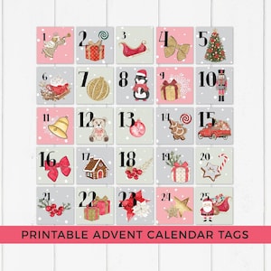 Christmas Countdown Tags Printable | Kids advent calendar cards, gift + favor tags, sticker labels | Farmhouse style instant download C02