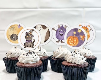 Halloween Cupcake Topper printable | Watercolor Birthday favor tags, instant download | Cute ghost, cat, pumpkin party decor cookie tag