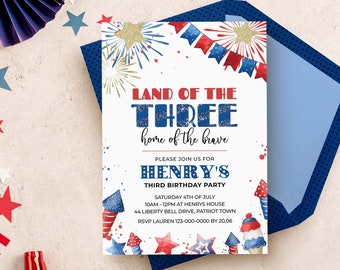 4th of July 3rd Birthday Invitation, Land of the Three editable template | DIY fireworks Independence Day printable INSTANT DOWNLOAD A01