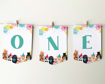 Dog Party First Birthday High Chair Banner | Green "One" printable sign, Puppy Pawty decor 1st Birthday flag bunting INSTANT DOWNLOAD D02