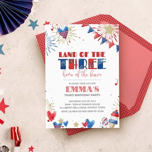 4th of July 3rd Birthday Invitation, Land of the Three editable template | Girl Hearts DIY Independence Day printable INSTANT DOWNLOAD A02