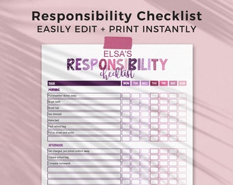 Purple Pink Responsibility Checklist for Kids, editable printable | Girls daily + weekly chore chart routine template, INSTANT DOWNLOAD P01