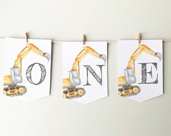 One Digger Construction Banner, printable high chair bunting | 1st Birthday sign for baby boy | Photo prop party decor INSTANT DOWNLOAD C03