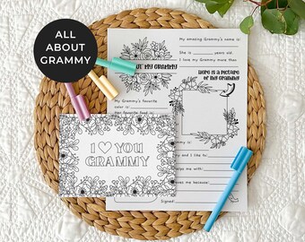 Printable Coloring Grandmother Card + All About Grammy bundle | Happy Mother's Day gift, DIY kids classroom activity, INSTANT DOWNLOAD M01