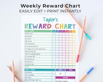 Rainbow Reward Chart for Kids, editable printable | Daily + Weekly responsibility routine with goals, chore template | instant download C01