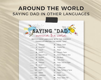 Fathers Day Game, Around the World printable | Saying Dad in different languages family fun, kids classroom activity INSTANT DOWNLOAD F01