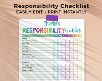 Rainbow Responsibility Checklist for Kids, editable printable | Daily + Weekly chore chart routine, reward template | instant download C01