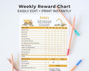 Construction Reward Chart for Kids, editable printable | Daily + Weekly responsibility routine truck template for boys INSTANT DOWNLOAD C03