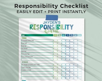 Green Blue Responsibility Checklist for Kids, editable printable | Boys daily + weekly chore chart routine template, INSTANT DOWNLOAD B01