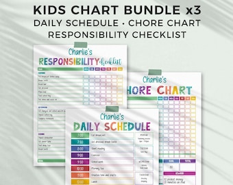 Rainbow Editable Chart Bundle for Kids: Daily Schedule, Chore Chart, Responsibility Checklist, Printable Weekly Routine INSTANT DOWNLOAD C01