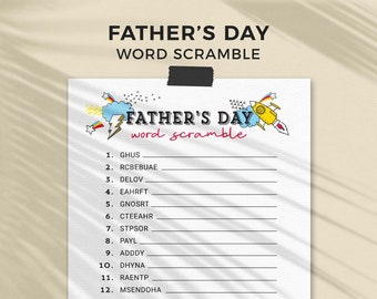 Printable Fathers Day Game, Word Scramble | Daddy, Dad word party game | Adult + family fun, kids classroom activity INSTANT DOWNLOAD F01