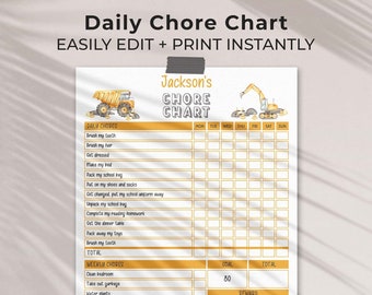 Construction Chore Chart for Kids, editable printable | Daily + Weekly responsibility routine, goals template for boys INSTANT DOWNLOAD C03