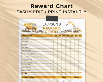 Construction Reward Chart for Kids, editable printable | Digger + dump truck responsibility routine chore template | instant download C03