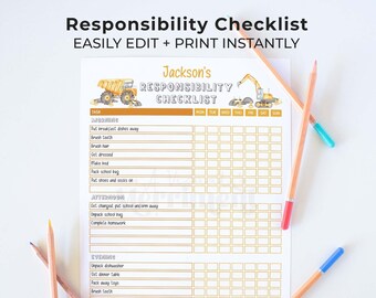 Construction Responsibility Checklist for Kids, editable printable | Daily + Weekly chore chart routine, truck reward template for boys C03