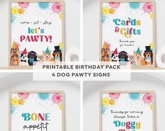 Puppy Pawty printable party sign bundle | Girl or Boy Birthday dog table decor | 4 watercolor designs favors food gifts INSTANT DOWNLOAD D02