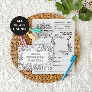 Regalo imprimible para el Día de la Madre, tarjeta para colorear de la abuela + paquete Todo sobre Nannie / Actividad para el aula para niños, DESCARGA INMEDIATA M01