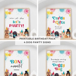 Welpen Pawty druckbare Party Zeichen Bündel | Mädchen oder Junge Geburtstagshund Tischdekor | 4 Aquarell Designs für Gastgeschenke SOFORTIGER DOWNLOAD D02