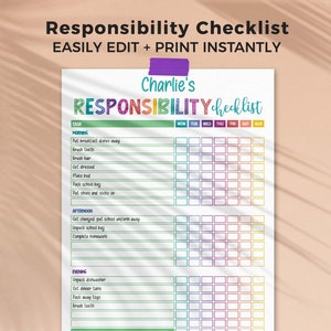 Rainbow Responsibility Checklist for Kids, editable printable | Daily + Weekly chore chart routine, reward template | instant download C01