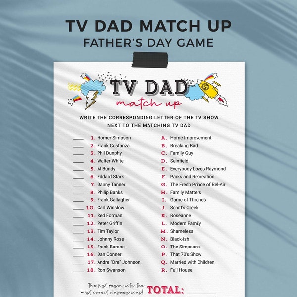 Father's Day Printable Game, TV Dad Match Up activity | Famous celebrity show trivia quiz | Kids, teens + family fun INSTANT DOWNLOAD F01