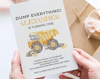 Dump Truck Invitation Boys Construction Birthday Party Theme | Any age editable printable instant download, DIY dumper invite template C03