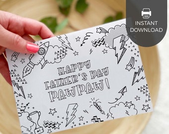 Happy Father's Day Pawpaw Printable Coloring Card | DIY kids classroom craft activity gift for grandfather, superhero INSTANT DOWNLOAD F01