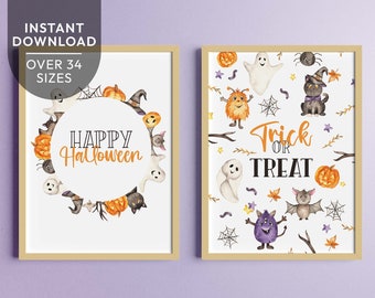 Happy Halloween wall art printable set, Trick or Treat | Watercolor farmhouse decor bundle | Cute ghost, cat party sign INSTANT DOWNLOAD H02
