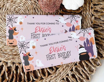 Halloween Candy Bar Wrapper, trick or treat editable printable | Pink ghost girl's Birthday chocolate wrap favor DIY INSTANT DOWNLOAD H04