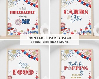 Paquete de letreros imprimibles para fiestas del 4 de julio / Decoración de mesa "Nuestro pequeño petardo cumple un año", 4 letreros para el primer cumpleaños DESCARGA INSTANTÁNEA A01