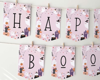 Halloween Banner, Happy Boo Day pink ghost | Cute girl&#39;s Halloween Birthday party decor printable sign, flag bunting INSTANT DOWNLOAD H04