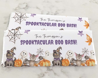 Halloween Candy Wrapper editable printable | Cute watercolor chocolate bar wrap favor | Ghost, cat, pumpkin party decor INSTANT DOWNLOAD H02