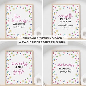 Paquete de letreros imprimibles para fiestas con confeti arcoíris / Decoración de mesa para bodas LGBTQ del mismo sexo de 8 x 10, 4 diseños / Regalos de comida y bebida DESCARGA INSTANTÁNEA C06