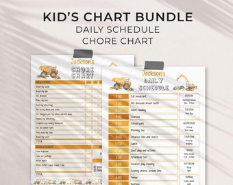 Construction Editable Chart Bundle for Kids, Daily Schedule + Chore Chart | Printable Daily + Weekly routine checklist INSTANT DOWNLOAD C03