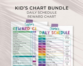 Rainbow Editable Chart Bundle for Kids, Daily Schedule + Reward Chart | Printable Daily + Weekly routine checklist INSTANT DOWNLOAD C01