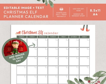 Christmas Elf Editable Calendar Planner Printable (edit images + text) | Xmas Holiday custom organizer schedule INSTANT DOWNLOAD C07