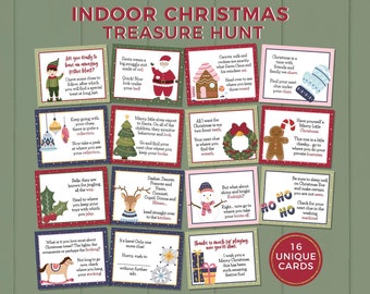 Indoor Christmas Treasure Hunt, kids scavenger hunt clues | Inside Christmas activity party game, family fun holiday printable gift tags C04