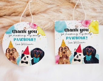 Editable Dog Party Favor Tag, Dachshund puppy pawty printable gift tag | Round Birthday thank you card, DIY template, instant download D02