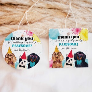 Editable Dog Party Favor Tag, Dachshund puppy pawty printable gift tag Round Birthday thank you card, DIY template, instant download D02 image 1