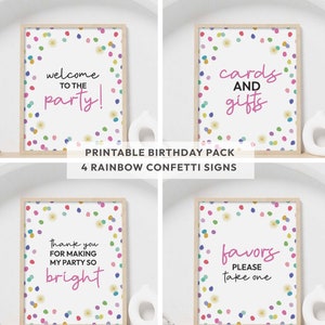 Paquete de letreros imprimibles para fiesta de cumpleaños con confeti de arcoíris / Decoración de mesa de 8x10, 4 diseños dorados de acuarela / regalos de comida para regalar DESCARGA INSTANTÁNEA C06