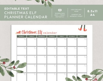 Christmas Elf Editable Calendar Planner Printable + BONUS | Daily custom Holiday organizer, plan visit, schedule antics INSTANT DOWNLOAD C07