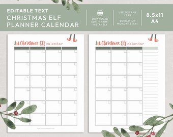 Christmas Elf Editable Calendar Planner Printable 2 pages + BONUS | Daily Holiday organizer to plan and schedule antics INSTANT DOWNLOAD C07