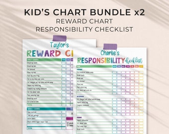 Rainbow Editable Chart Bundle for Kids, Reward Chart + Responsibility Checklist | Printable Daily + Weekly routine INSTANT DOWNLOAD C01