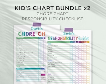 Rainbow Editable Chart Bundle for Kids, Chore Chart + Responsibility Checklist | Printable Daily + Weekly routine INSTANT DOWNLOAD C01