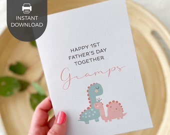 Happy 1st Father's Day Gramps printable card, pink princess dinosaur | Girl first born gift from baby for Grandfather INSTANT DOWNLOAD D06