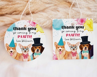 Editable Dog Party Favor Tag, Chihuahua puppy pawty printable gift tag | Round Birthday thank you card, DIY template, instant download D02