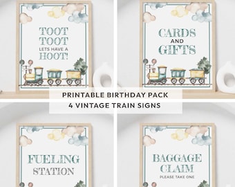 Vintage Train Party printable sign bundle | Boys Birthday transport table decor toot toot | 4 designs favors food gifts INSTANT DOWNLOAD T01